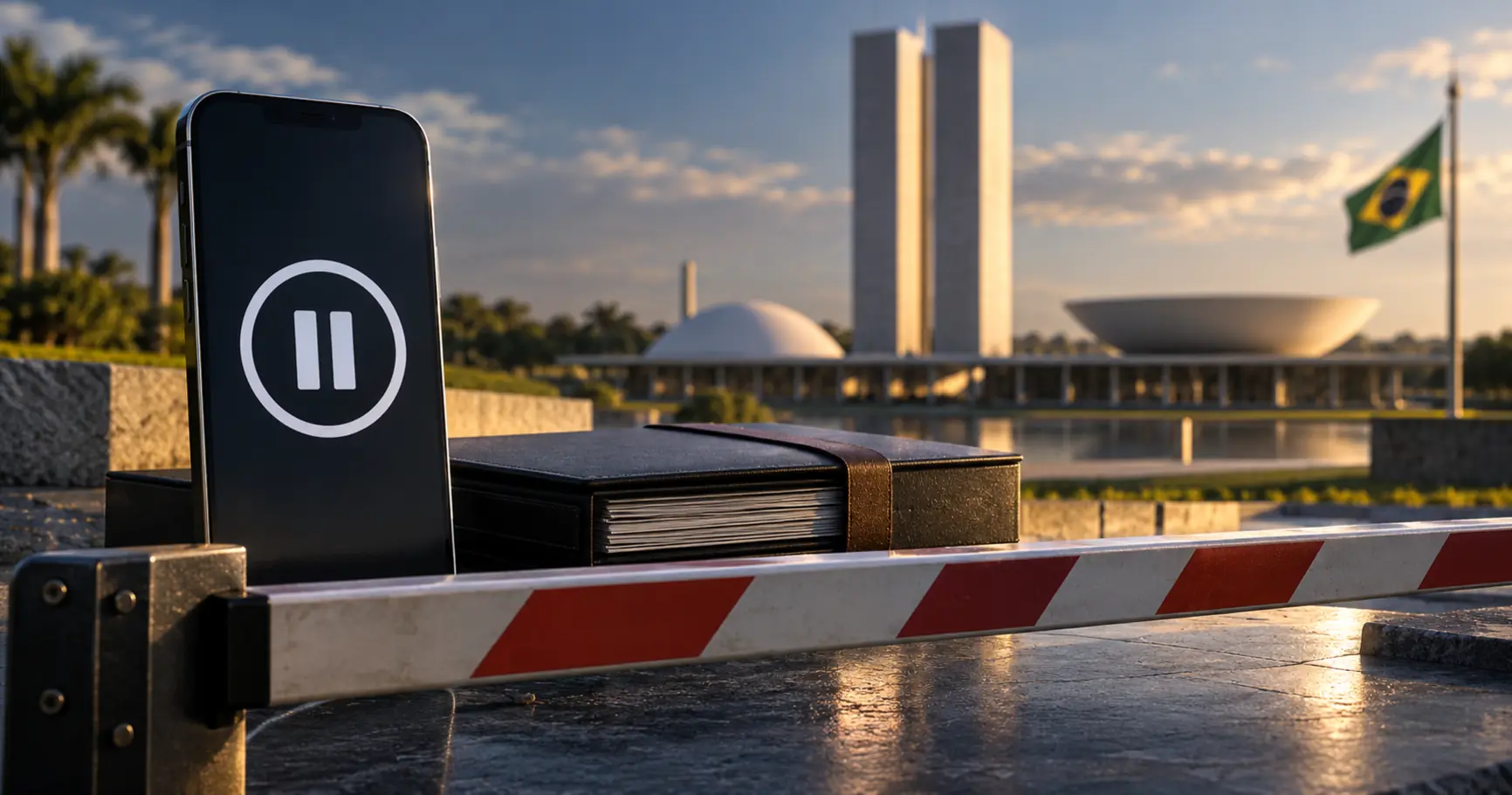 Phone displaying a pause symbol behind a barrier, with Brazilian civic architecture in the background.