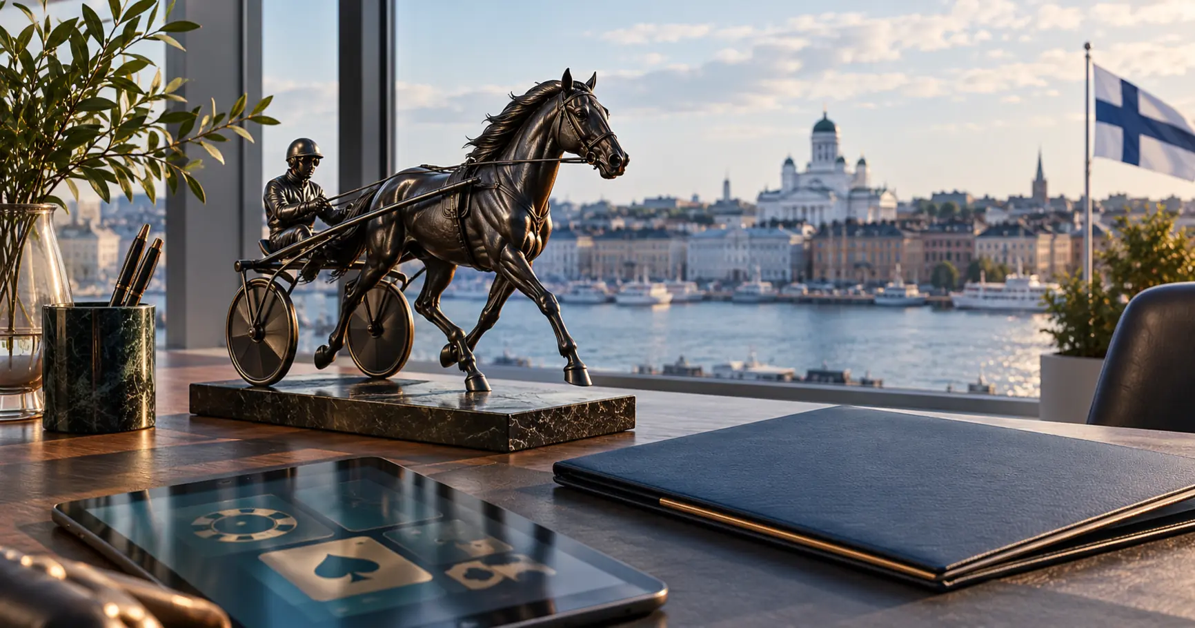 Harness-racing horse sculpture beside a tablet and document folder, with a Finnish flag and waterfront backdrop.