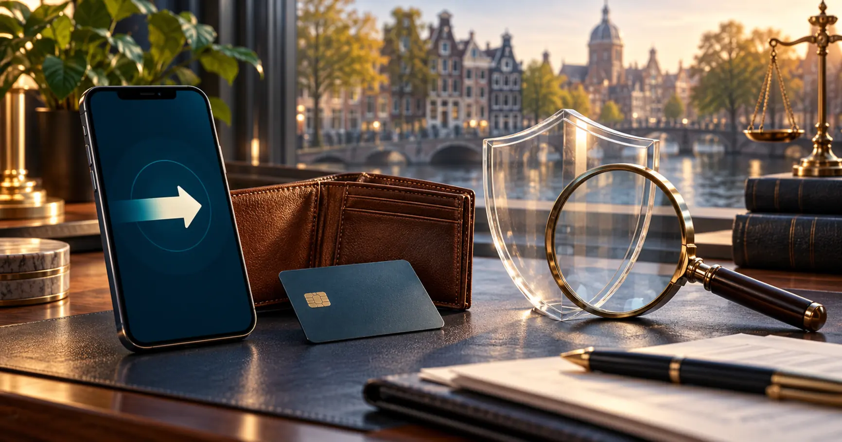 Phone with a payment arrow beside a wallet, bank card and protective shield, with Dutch canal houses behind.