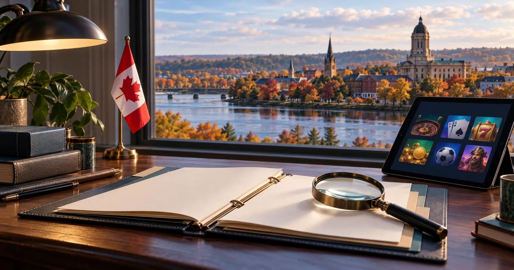 Open research folder, magnifying glass and gaming tablet overlooking an illustrative Canadian riverfront.