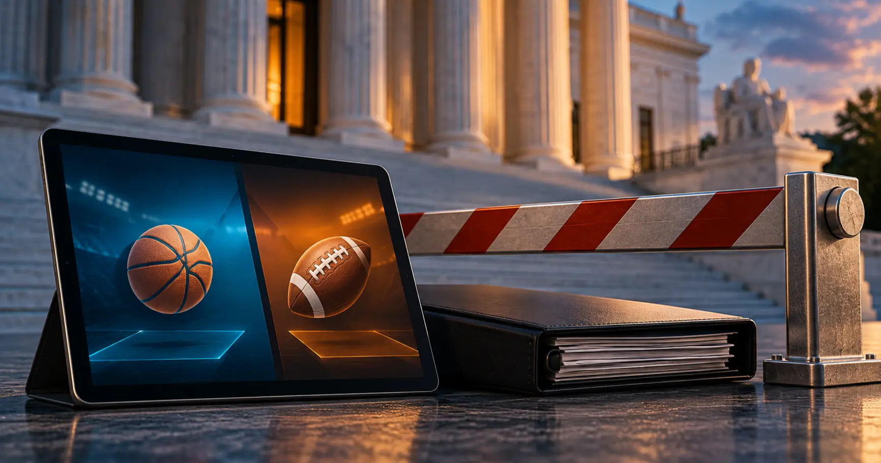 Sports event tiles on a tablet beside a legal folder and barrier, with courthouse columns behind.