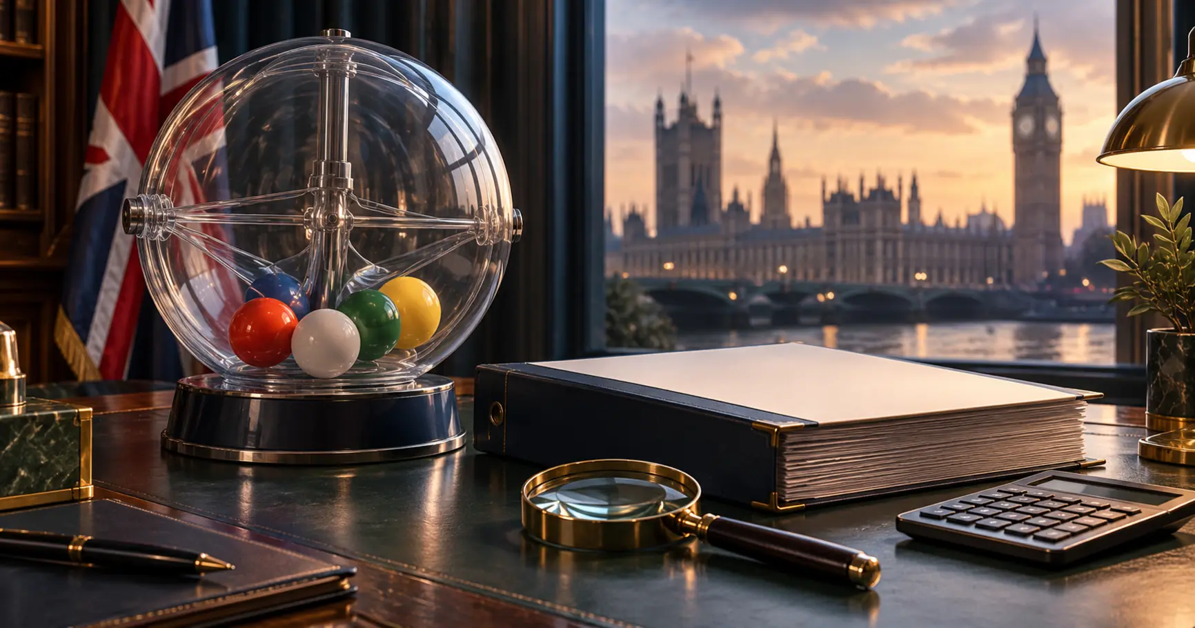 Lottery draw sphere, audit folder, magnifying glass and calculator, with Westminster in the background.